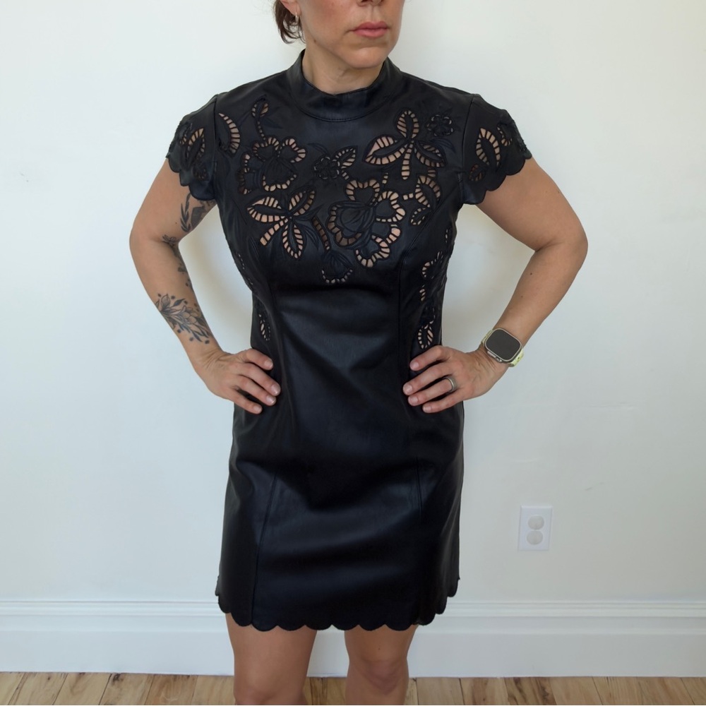 Anthropology Black Lace Leather Elegant Black Lace Dress